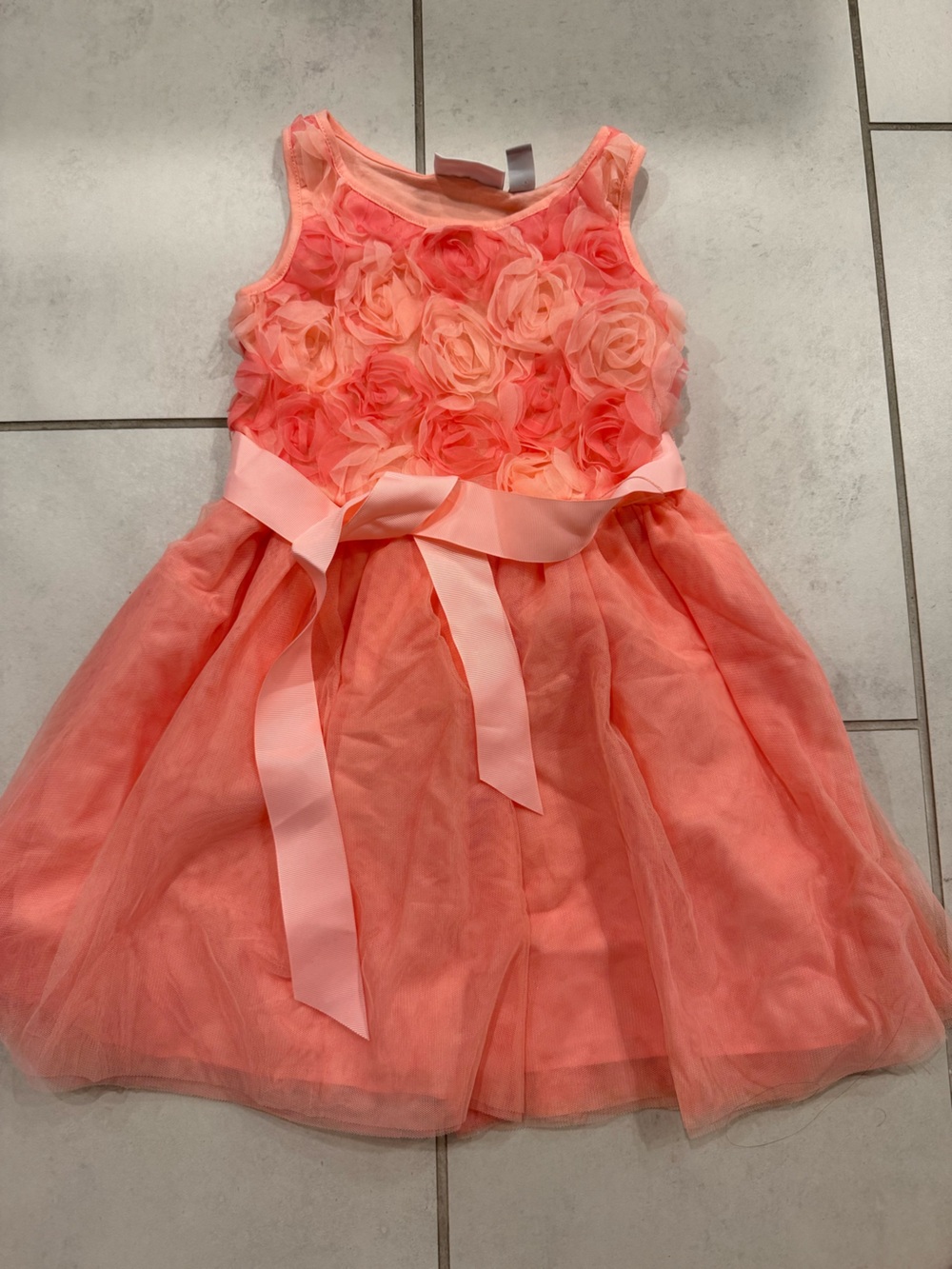 Place Coral Pink Floral Rosette Tulle Dress with Waist Bow